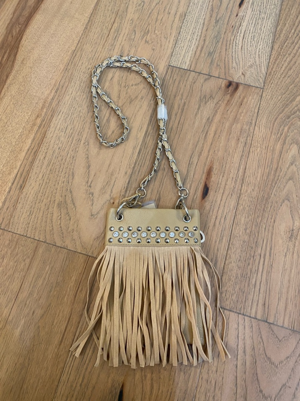 Beige Fringe Crossbody with Rhinestone Stud Accents